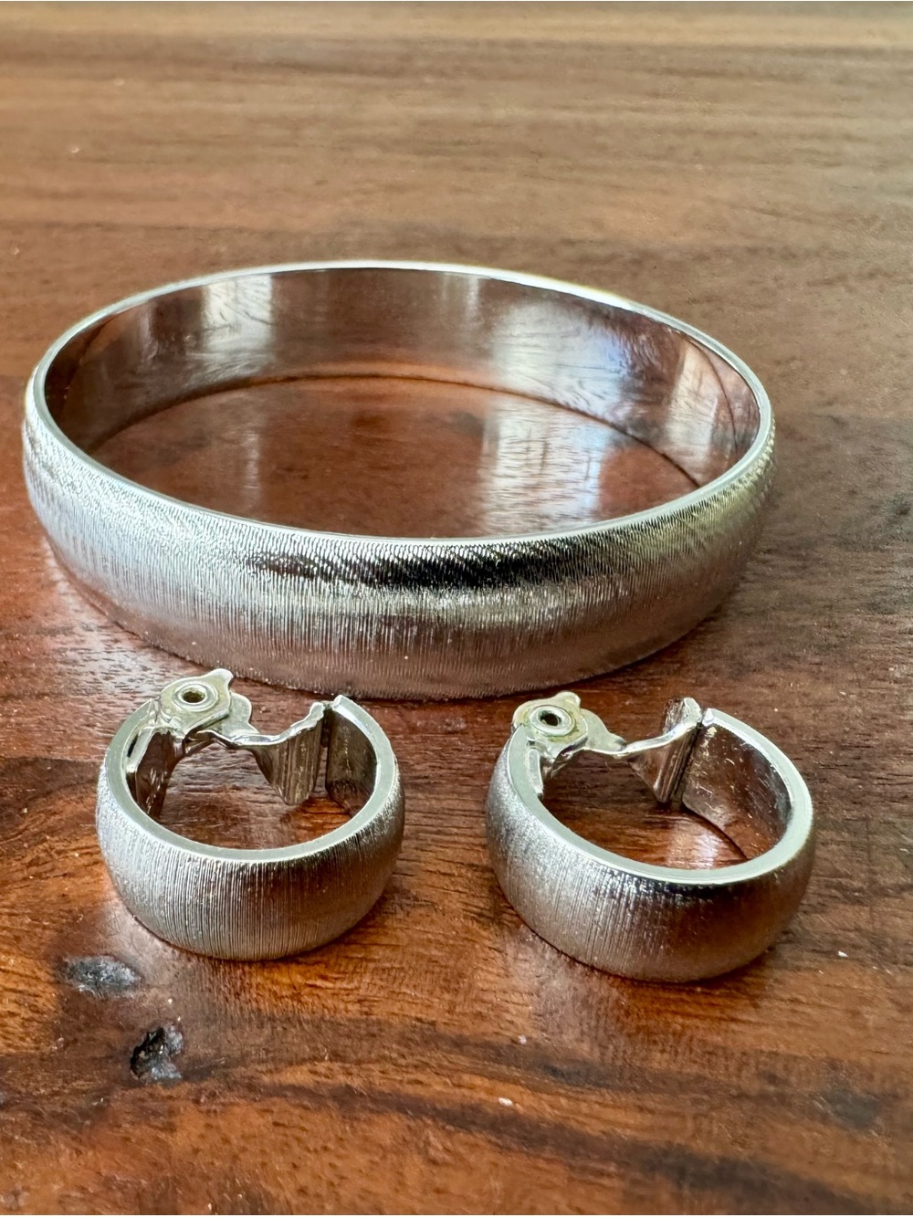 Vintage MONET Brushed Silver Tone Bangle Bracelet & Clip On Hoop Earrings EUC